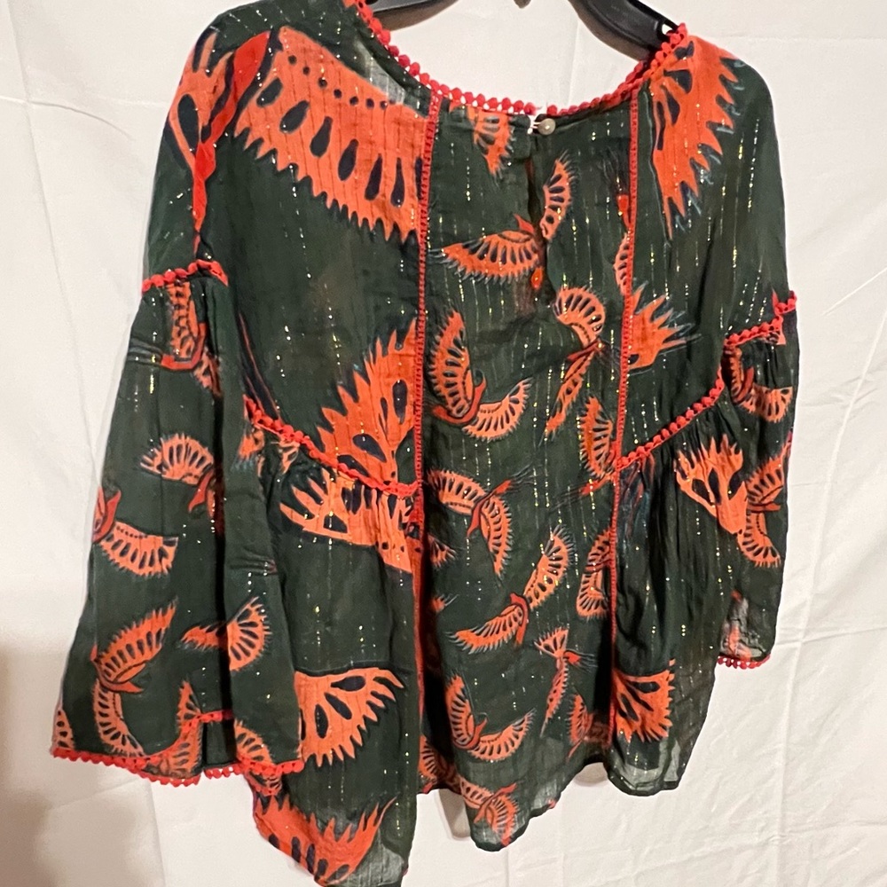 SOLD**** Rachel Zoe L  Phoenix bird novelty print top Bell balloon sleeves - Picture 3 of 16